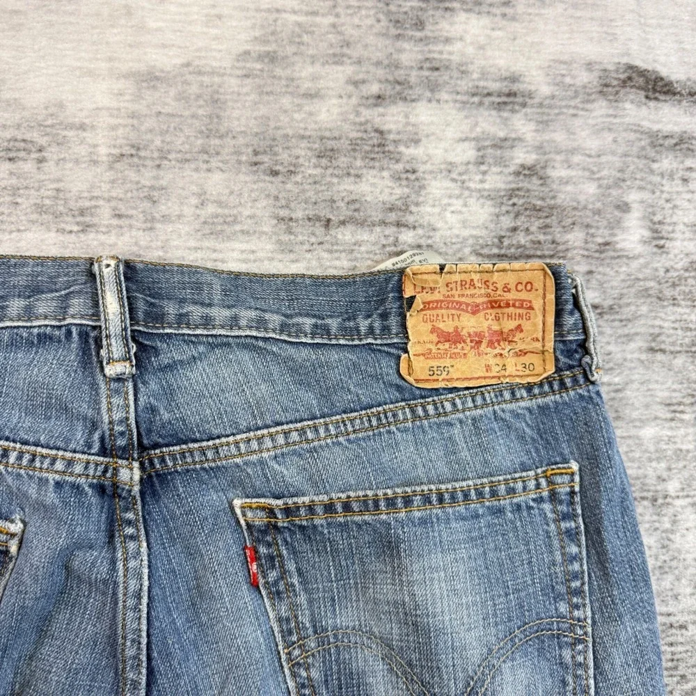 Levis‎ 559 Relaxed Straight Mens Jeans 34x30 Medium Wash Distressed Blue Denim